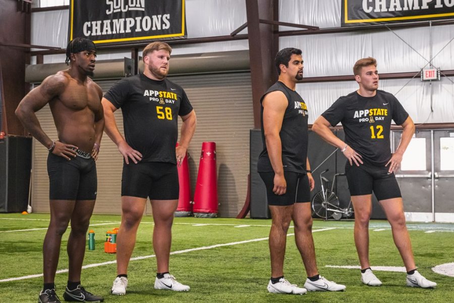 Former App State standouts (from left) Shemar Jean-Charles, Ryan Neuzil, Noah Hannon and Zac Thomas participated in the programs annual pro day April 1. “This is something we’ve all been looking forward to since we were kids,” Jean-Charles said.