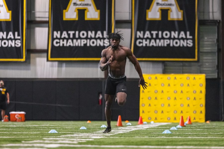 Former App State first team All-American cornerback Shemar Jean-Charles sprints during the 40-yard dash at pro day April 1. Jean-Charles finished the 40 in 4.47 seconds. He weighed in at 184 pounds and maxed out at 19 reps on the 225-pound bench press, and his vertical leap was 35 inches.