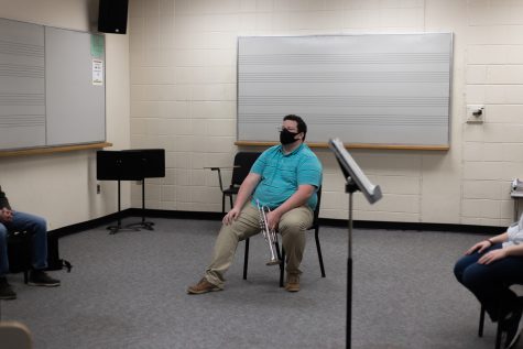 On Tuesday nights, the trumpet studio hosts a “master class,” now offered virtually, where students can show up with pieces they are working on and receive additional feedback from professors and other students. Lipsette and two other students often reserve a practice room in Hayes School of Music to attend the virtual master class in a small, socially distanced group.  