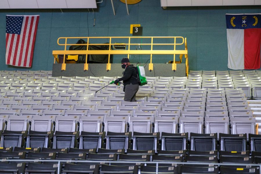 Between ceremonies, cleaning crews spent time sanitizing the Convocation Center to help prevent the spread of COVID-19.