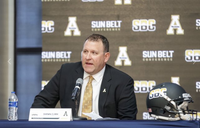 App+State+football+head+coach+Shawn+Clark+responds+to+questions+at+Sun+Belt+Media+Day+in+New+Orleans.+Clark+enters+his+second+year+as+head+coach+of+the+Mountaineers+after+opening+his+head+coaching+career+with+a+9-3+opening+season.+