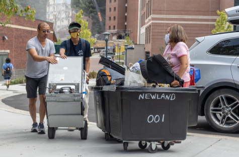 Residence halls provide moving bins to new residents to ease the process of carrying many belongings into dorms. 
