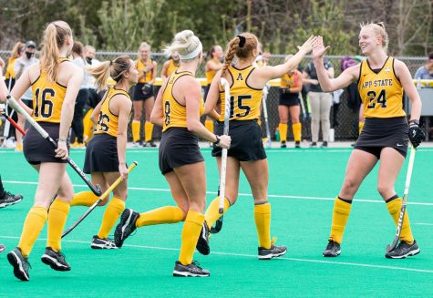 Midfielder Veerle Van Heertum (right, #24) high fives forward Rachel Fleig (left, #15) in App States spring matchup with Ball State. The Mountaineers defeated the Cardinals 1-0 after Fleigs deciding goal in the 29th minute. 