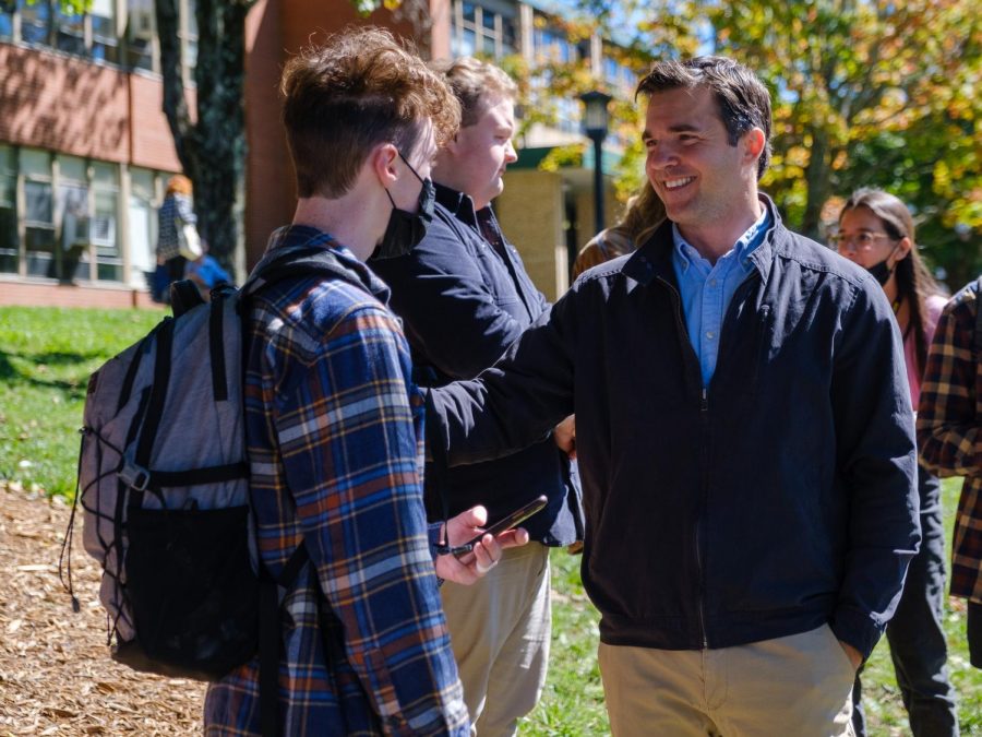 Senatorial candidate Jeff Jackson spoke one-on-one with people on campus before giving a speech and answering questions from students.