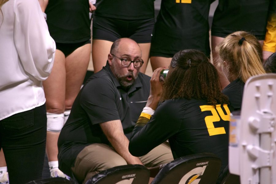 Head coach Matt Ginipro coaches the Mountaineers during their matchup with Louisiana. App State defeated the Ragin’ Cajuns in four sets, snapping its three-game losing streak. 