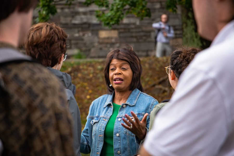 U.S. Senate candidate Cheri Beasley speaking to students on Sanford Mall during her campaign visit to App State Oct. 7.