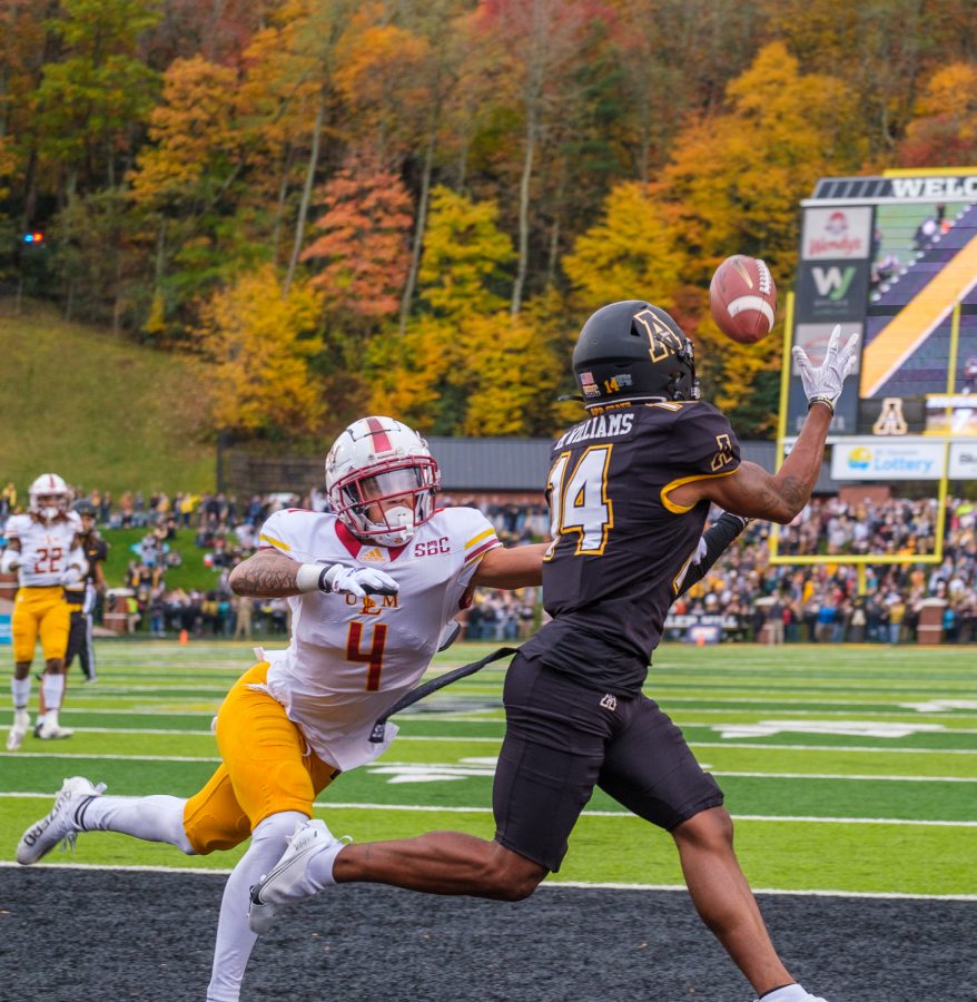 Super senior receiver Malik Williams beats ULM safety Nick Roberts to the ball in the end zone to score App State's second touchdown of the day. Williams’ 15th career receiving touchdown earns him eighth most in App State history. 
