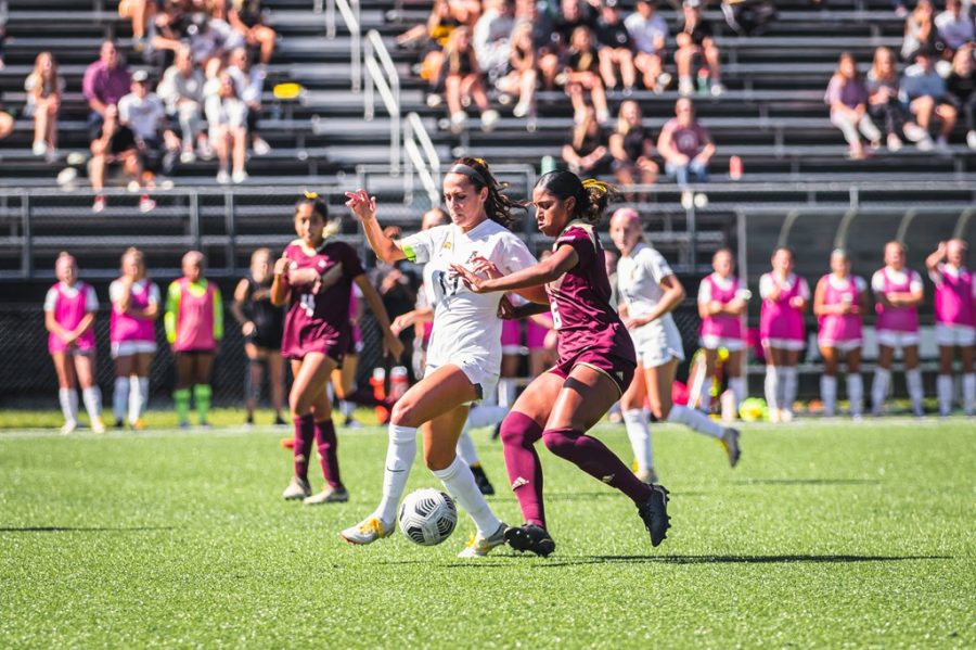 Graduate midfielder Audrey Viso battles with a Texas State player for possession of the ball. Viso attempted two shots against the Bobcats, neither of which were on goal. 