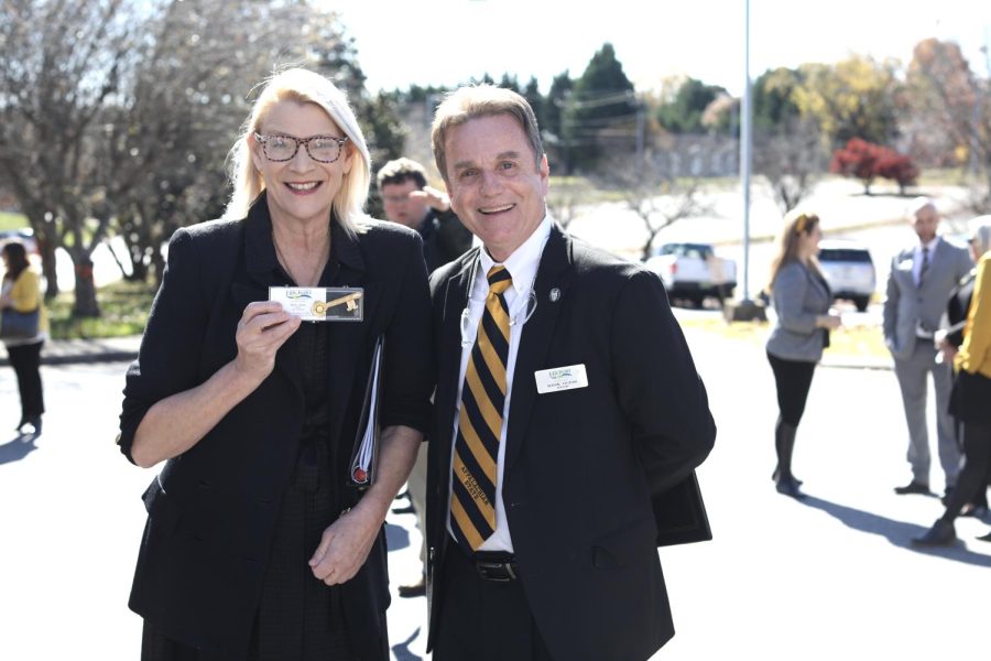 Hickory Mayor Hank Guess presented Chancellor Sheri Everts with a key to the city at the announcement event Friday.