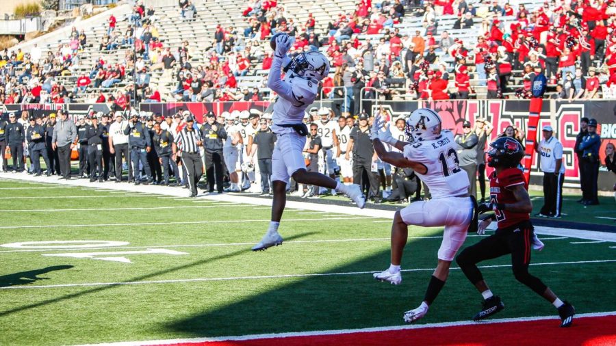 Senior defensive back Steven Jones Jr. snags one of his three interceptions on the day. His three interceptions tied the program record for most picks in a single game. 
