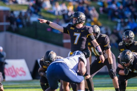 Graduate transfer quarterback Chase Brice directs the App State offense against rival Georgia Southern. Brice finished his career as a Mountaineer undefeated at home, winning by an average of 19.5 points at Kidd Brewer Stadium. 