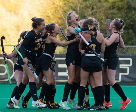 Frederike Stegen celebrates with her teammates after finding junior midfielder Pauline Mangold for a game-tying goal against No. 22 Kent State. 