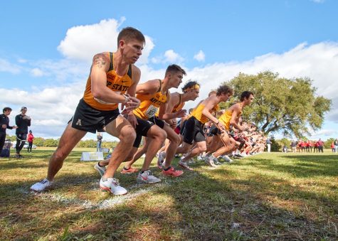 The App State men’s cross country takes off at the start line of the Sun Belt Championships. Five Mountaineers made a Sun Belt all-conference team. 