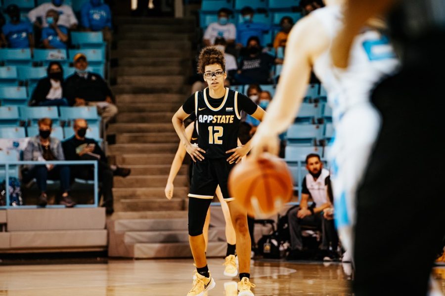 Freshman Zada Porter awaits North Carolina’s point guard on the defensive end of the court. Porter averages 13.5 minutes per game thus far in her first season in Boone. 