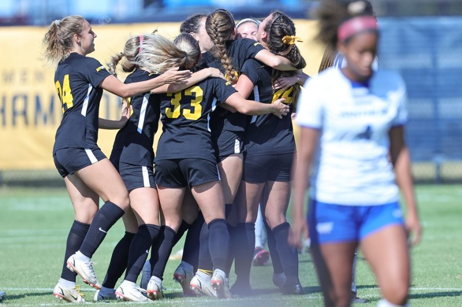 App State celebrates sophomore forward Breckyn Monteith’s goal against Georgia State. Monteith scored two goals in the Sun Belt Tournament.