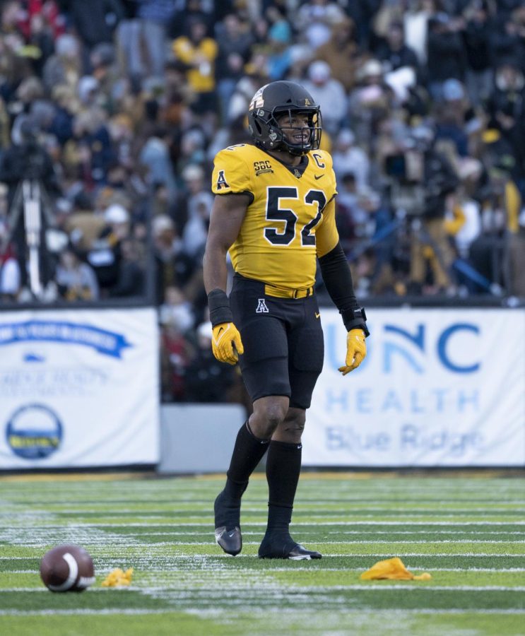Senior linebacker DMarco Jackson reacts to multiple penalty flags being thrown during during App States Nov. 13 victory over South Alabama. 