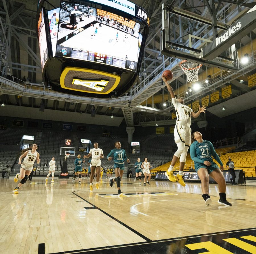 Junior guard Janay Sanders lays in an open basket as the Mountaineers defeated the Chanticleers 66-61 Wednesday. 