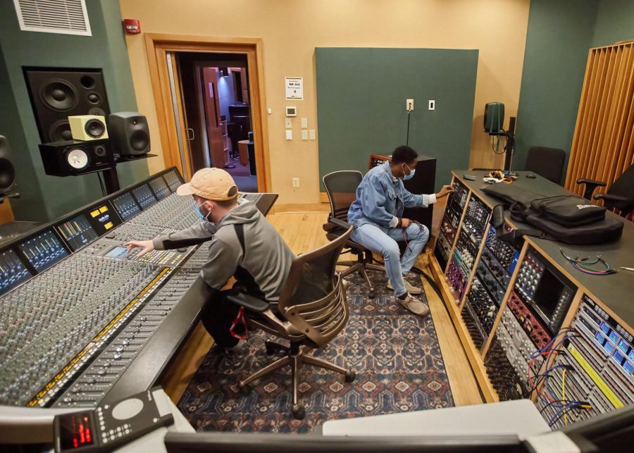 Andrew Poplaski and Jacoby Brown create sounds for a workshop in the Robert F. Giley studio Jan. 12, 2022.