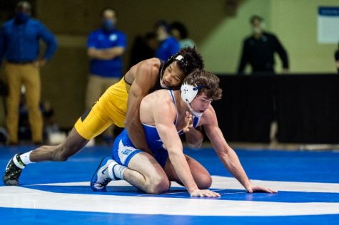 Redshirt senior Jonathan Millner wraps up Blue Devil Josh Finesilver in a highly-ranked contest between the two. Finesilver’s two losses of the season have both come against Millner.