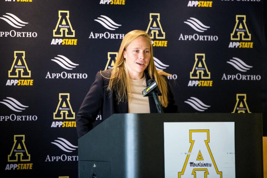 App+State+womens+soccer+head+coach+Aimee+Haywood+at+her+introductory+press+conference+Dec.+20.+