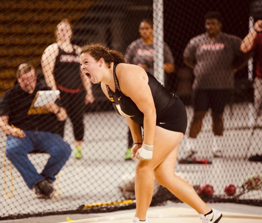 Freshman+thrower+Daiyanna+Cooper+celebrates+her+multiple+first+place+finishes+in+the+App+State+Split+Open+Friday.+