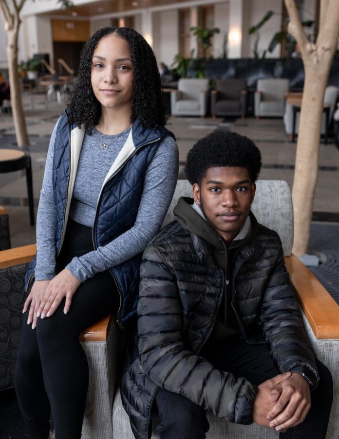 Sophomore Amaya Crawford and junior Dy’Quan Kearney pose for a portrait in the Solarium Jan. 28, 2022. Crawford and Kearney are cohorts of the 2020 Fleming Scholars class.