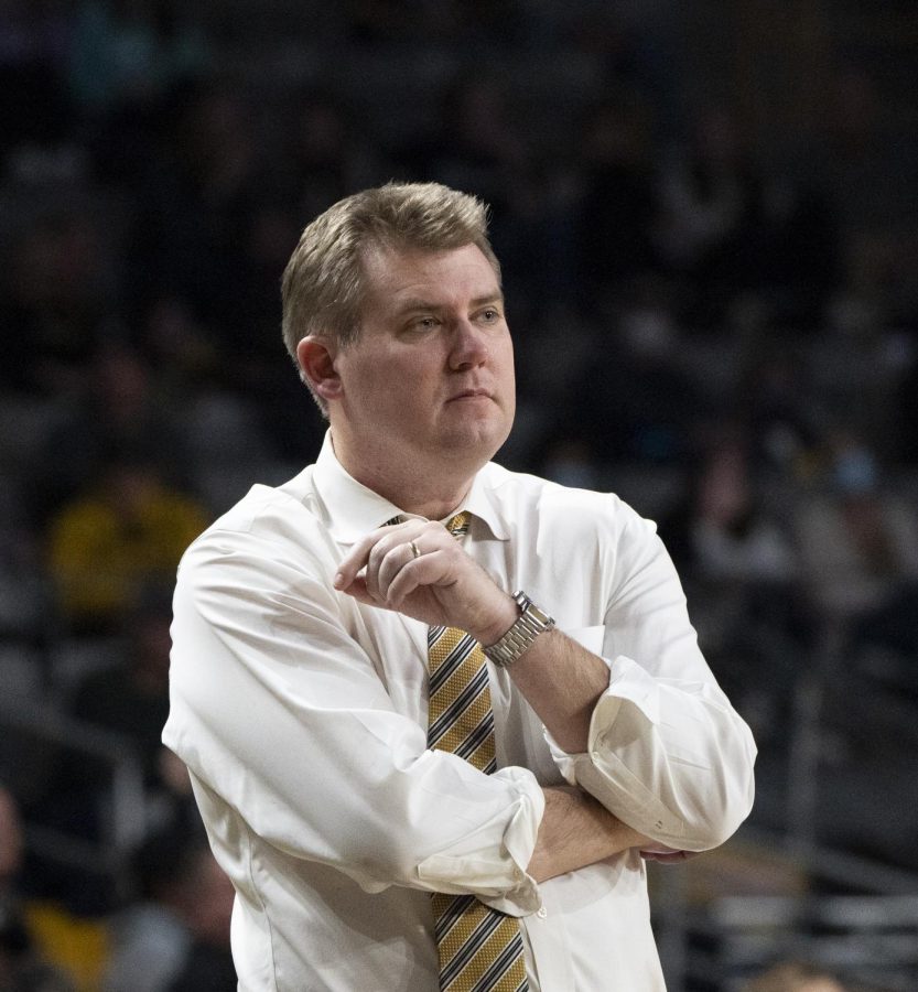 Head coach Dustin Kerns leads the Black and Gold from the sideline in their matchup with Georgia State Feb. 12, 2022. 