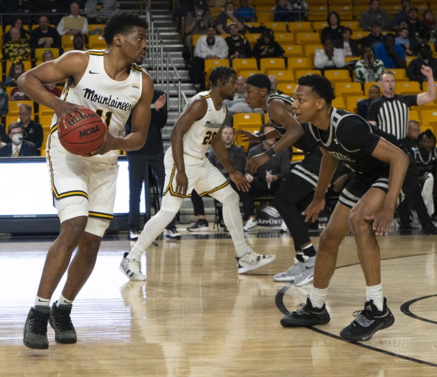 Junior forward Donovan Gregory initiates the Mountaineer offense against USC Upstate March 15, 2022. 