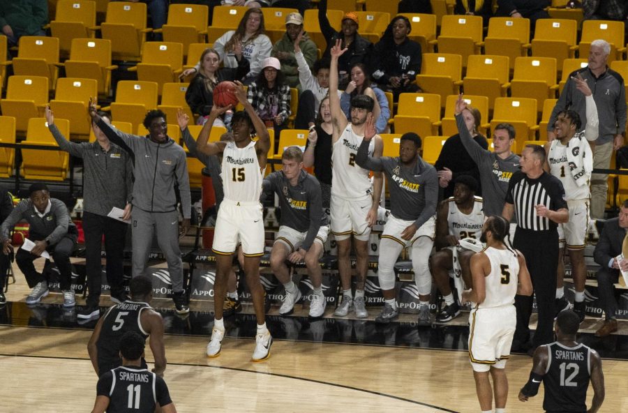 Sophomore forward CJ Huntley knocks down a game-tying three to electrify the crowd in App State’s 80-74 loss March 15, 2022. 