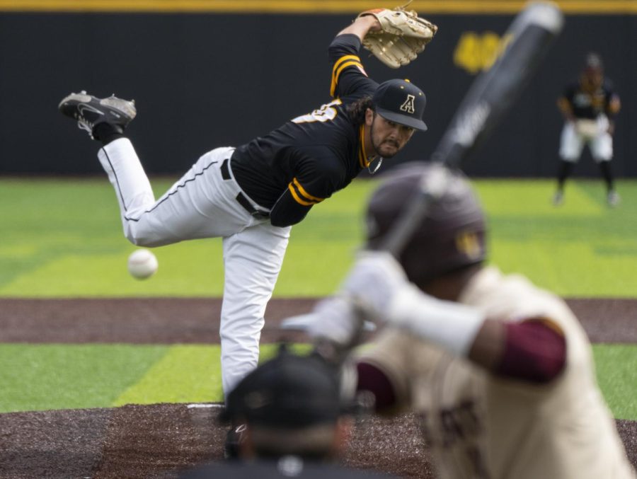 Redshirt senior Cameron Kepley launches a pitch against No. 20 Texas State April 2, 2022. 