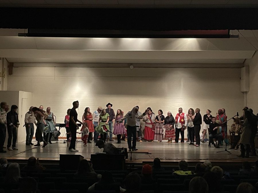 Every performer except the African Dance 2 class gathers on stage in the I.G. Greer Auditorium, April 1, 2022. 
