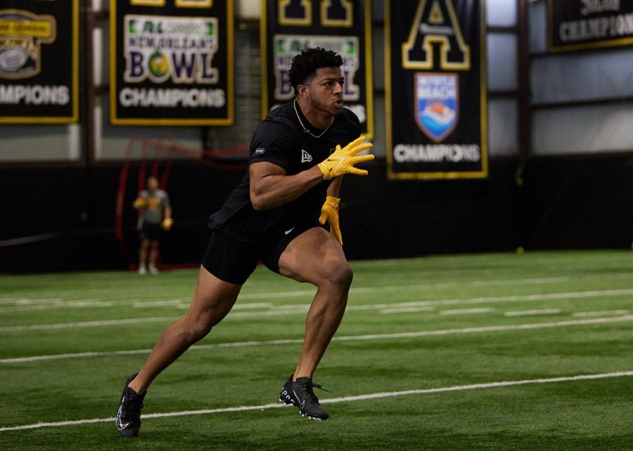 Senior linebacker DMarco Jackson performs during App States Pro Day in front of 26 NFL teams March 31, 2022. 