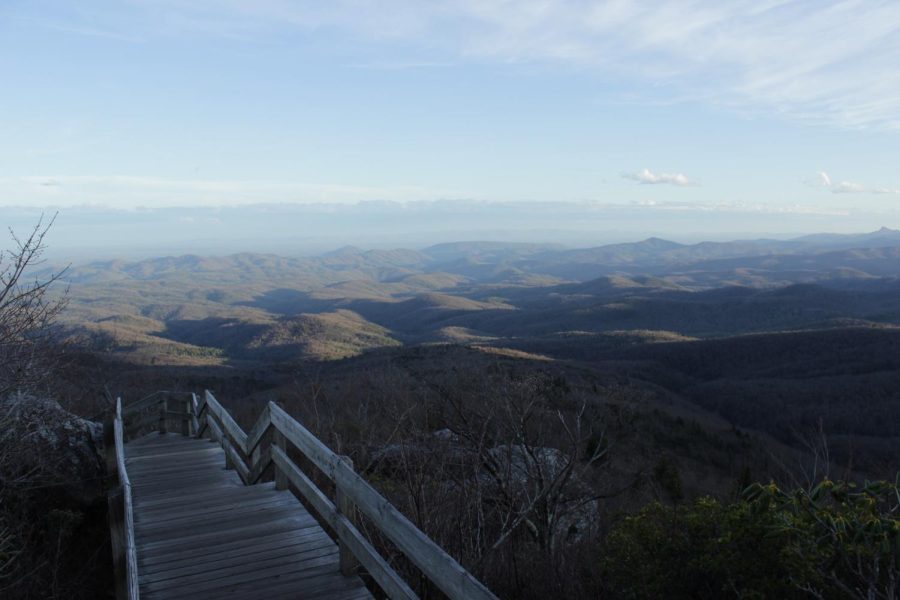 The boardwalk at the Rough Ridge hiking trail overlooks views of the North Carolina mountains. 