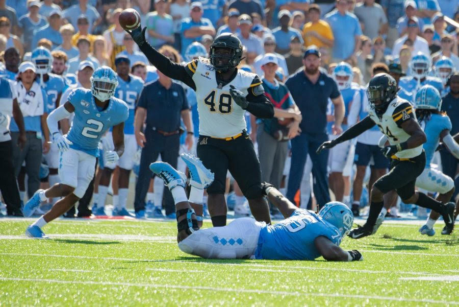 Former App State edge rusher Demetrius Taylor intercepts a pass in a 34-31 win over North Carolina Sept. 21, 2019. Taylor was first-team All-Sun Belt his last three seasons.