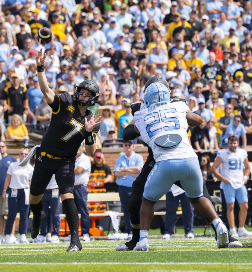 Redshirt senior quarterback Chase Brice winds up for a pass against Carolina Sept. 3, 2022. Brice threw for 361 yards and a career-high six touchdowns in the 63-61 thriller.