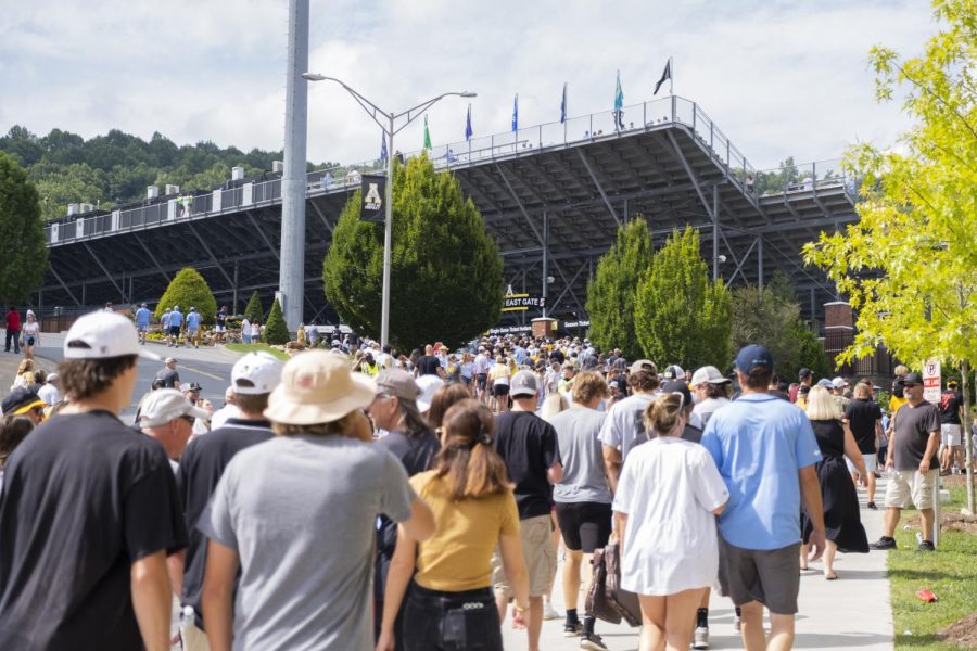 The line to enter Kidd Brewer Stadium stretched as thousands attended App State vs North Carolina Sept. 3, 2022. 