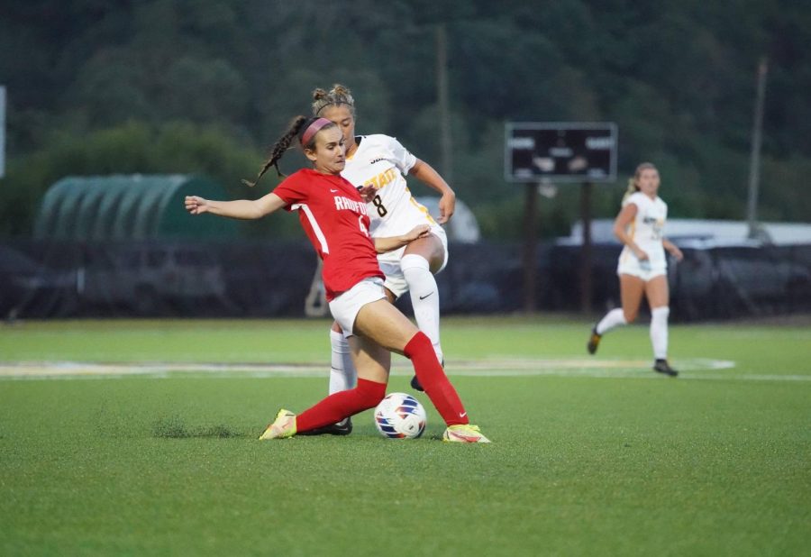 Freshman defender Shannon Studer contests a Radford attack in the Mountaineers' matchup with the Highlanders Sept. 15, 2022. 