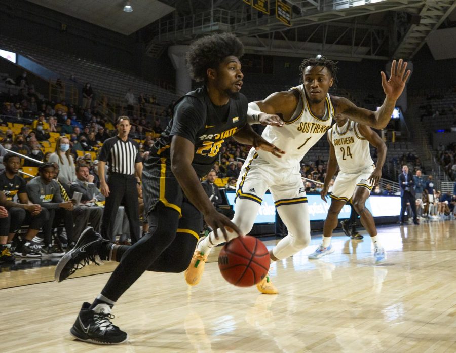 Former Mountaineer Adrian Delph drives the baseline against Georgia Southern Feb. 10, 2022. 