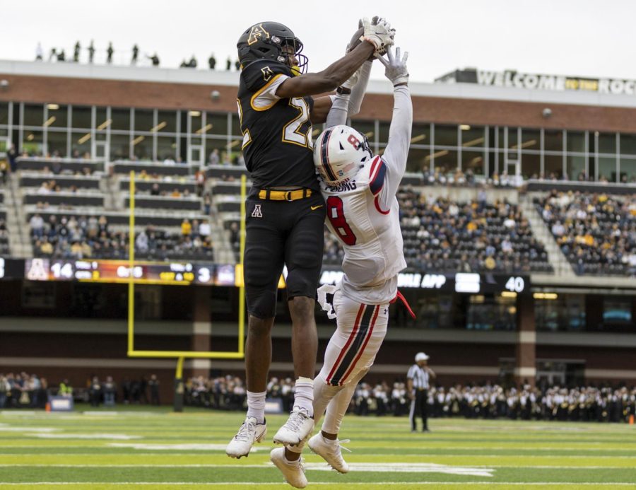 Redshirt freshman wide receiver Dalton Stroman catches a 19-yard dime from redshirt senior quarterback Chase Brice. Stroman made the touchdown with 13 seconds left on the clock in the second quarter, raising App State’s lead to 21-3, Oct. 29, 2022.