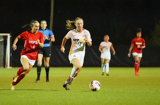 Freshman midfielder Lela Stark from Guelph, Ontario, Canada, makes a run toward Radford’s goal. 