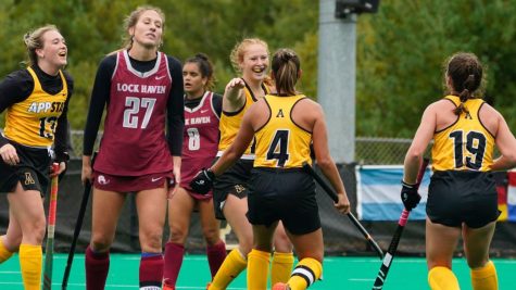 The Mountaineers celebrate scoring a goal against Lock Haven Oct. 2, 2022. 