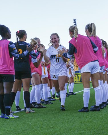 Freshman midfielder Lela Stark runs down the line as her name is called at the start of App State’s game against Georgia St. Stark had one shot in the Mountaineers’ 1-0 loss Oct. 6, 2022.