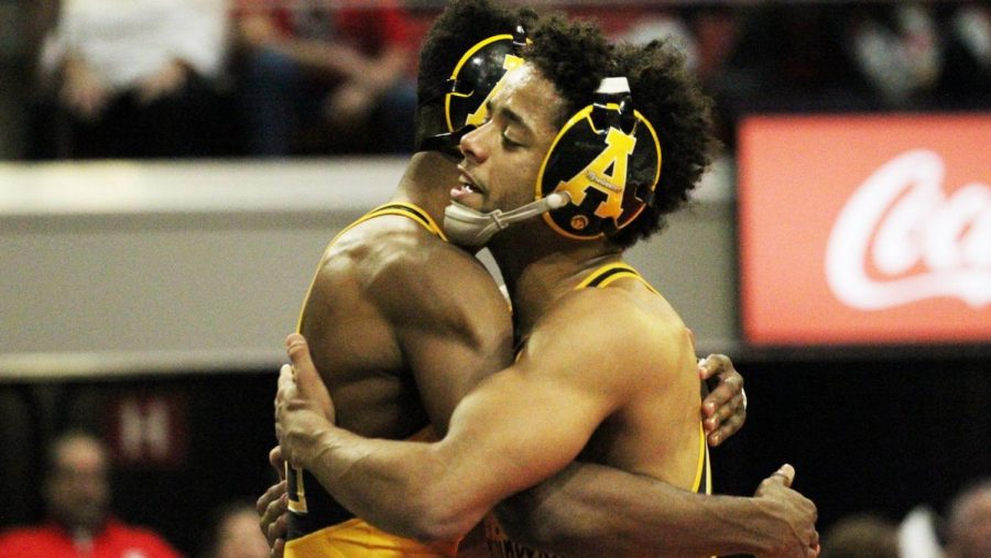 Two Mountaineers embrace during App States match with NC State Nov. 4, 2022. 