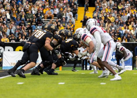 App States offensive line collides with Robert Morris defensive line in the Mountaineers 42-3 homecoming victory Oct. 29, 2022. 