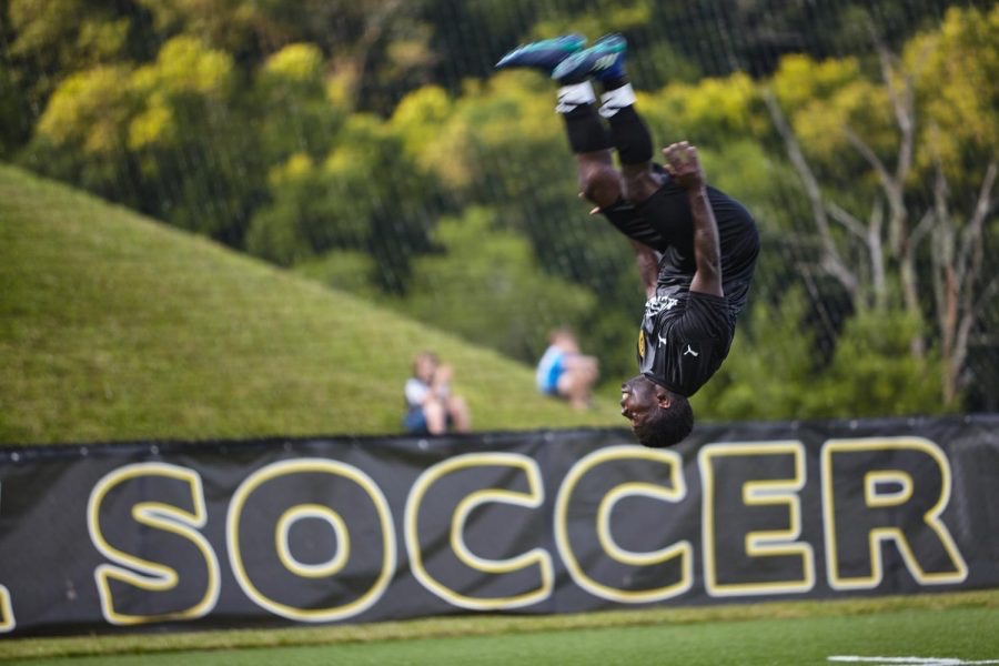 Former App State soccer player Kelvin Mulinya celebrates after putting Appalachian FC up 1-0 July 3, 2021. Mulinya finished the game with one goal and one assist in his second start at home.