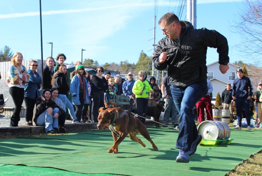 Reese, Lab mix, races beside his owner Andy Ladd. Reese came in second place in the large dog category at 4.09 seconds.
