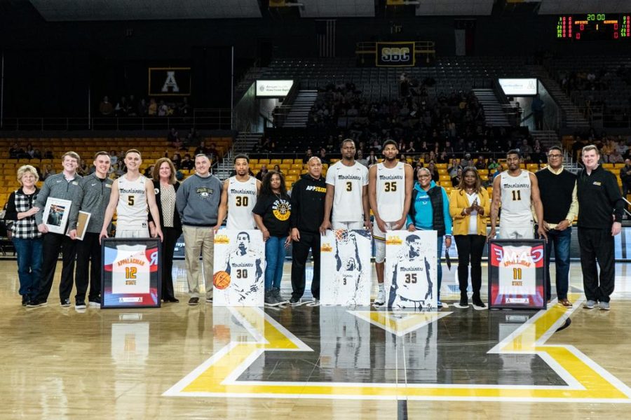 Senior players and managers on the App State basketball team were recognized at mid-court ahead of Saturdays Senior Day contest against Old Dominion, Feb. 18, 2023. 