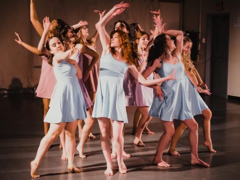 Momentum dancers performing Ainsley Dawes piece titled “I / Me / Myself.” Hailey Costar pictured front left, and Oliva Haralson pictured front center.