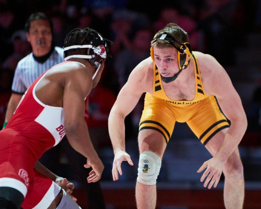 Redshirt junior Will Formato sizes up his opponent in App States 32-6 victory over Gardner-Webb Jan. 30, 2023. 