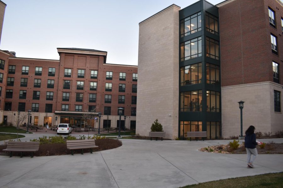 Thunder Hill Residence Hall in the early evening.